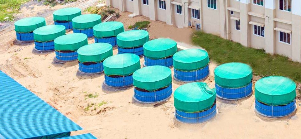 Outdoor aquaculture tank units at the DIVA campus