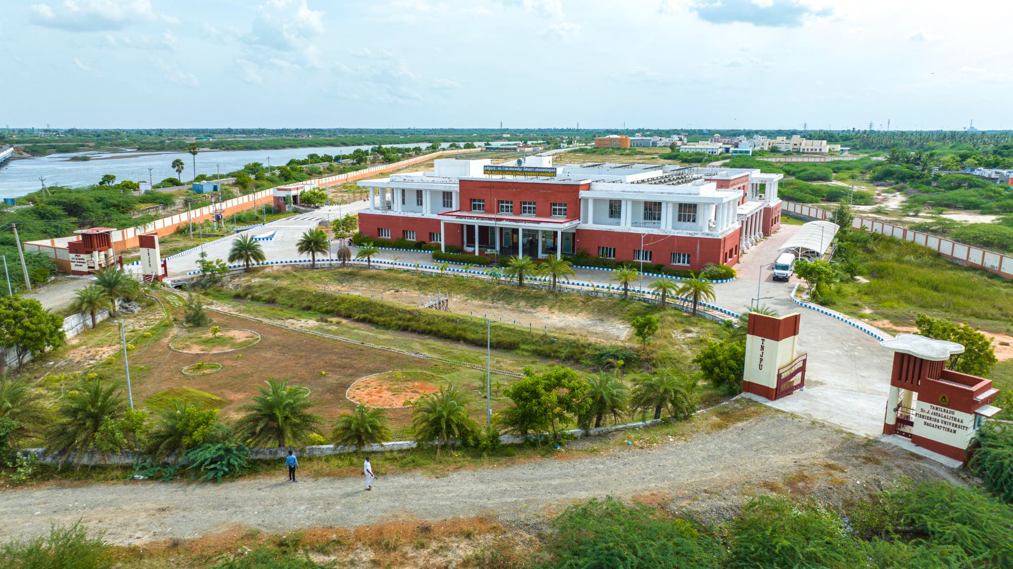 Aerial view of the TNJFU headquarters, Vettar River View Campus, Nagapattinam
